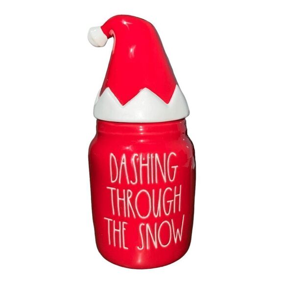 Rae Dunn baby DASHING THROUGH THE SNOW canister with Santa hat - Picture 1 of 3